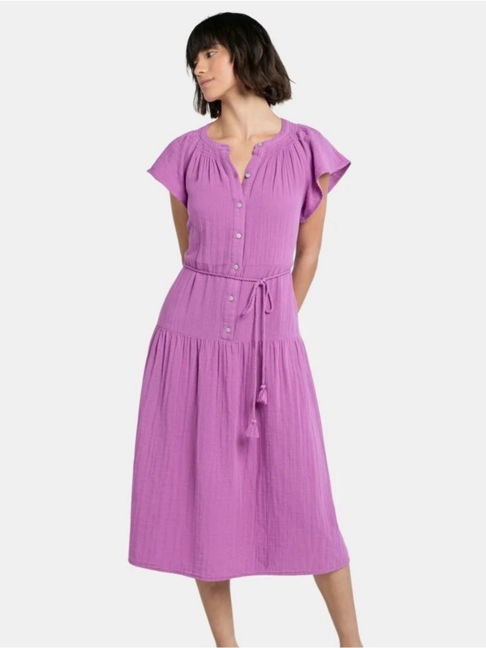 100% Cotton Button-Front Tiered Casual Dress with Tie Waist in Purple